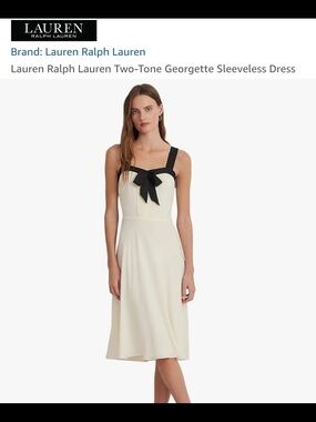 Lauren Ralph Lauren Two-Tone Cream Midi Dress with Black Straps and Bow Accent